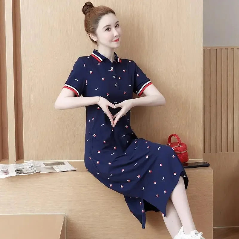Women's Polo Dress Long Sleeve Lapel Short Skirt Slimming Sporty T-Shirt Korean Style Loose Fit Over Knee Length Dress