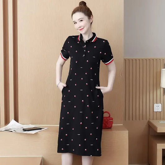 Women's Polo Dress Long Sleeve Lapel Short Skirt Slimming Sporty T-Shirt Korean Style Loose Fit Over Knee Length Dress