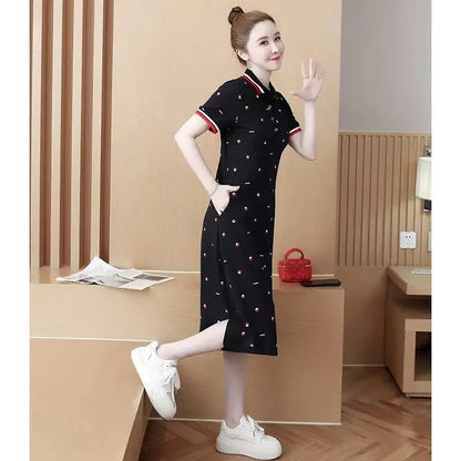 Women's Polo Dress Long Sleeve Lapel Short Skirt Slimming Sporty T-Shirt Korean Style Loose Fit Over Knee Length Dress
