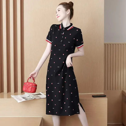 Women's Polo Dress Long Sleeve Lapel Short Skirt Slimming Sporty T-Shirt Korean Style Loose Fit Over Knee Length Dress