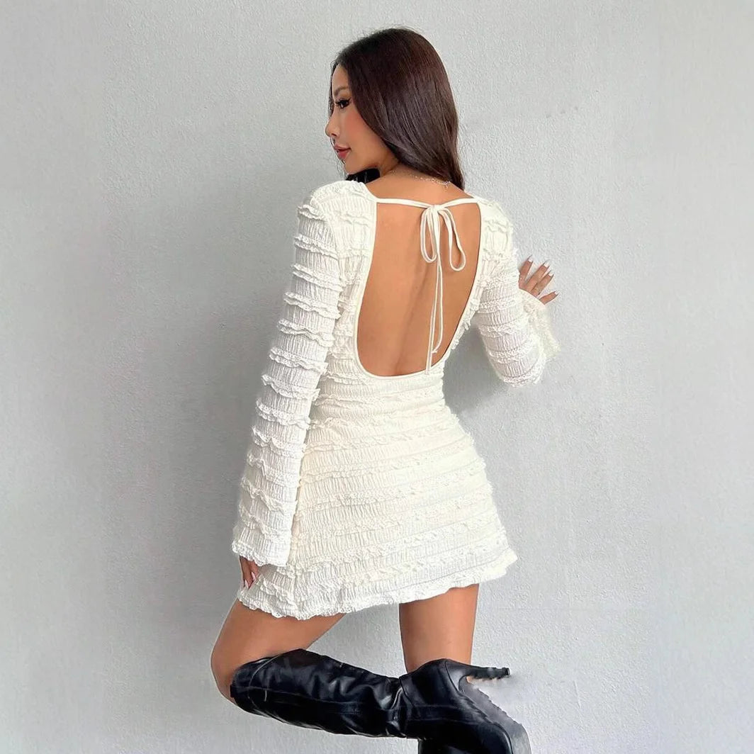 Sexy Bal round Ne ort Dr with Flared Sves High Waist A-Line Skirt Long Sve Commute Sle Spring Autumn Winter