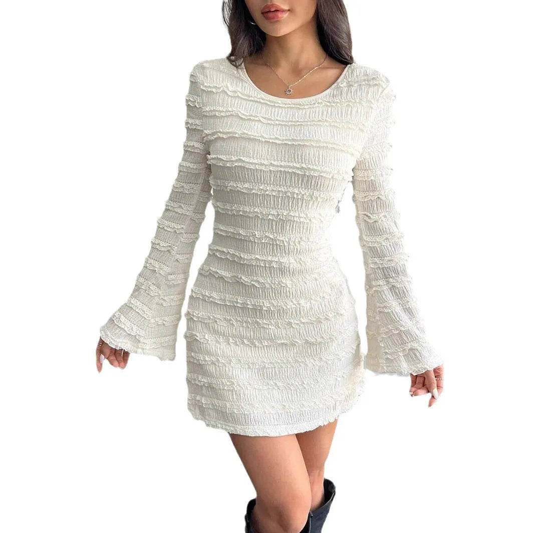 Sexy Bal round Ne ort Dr with Flared Sves High Waist A-Line Skirt Long Sve Commute Sle Spring Autumn Winter