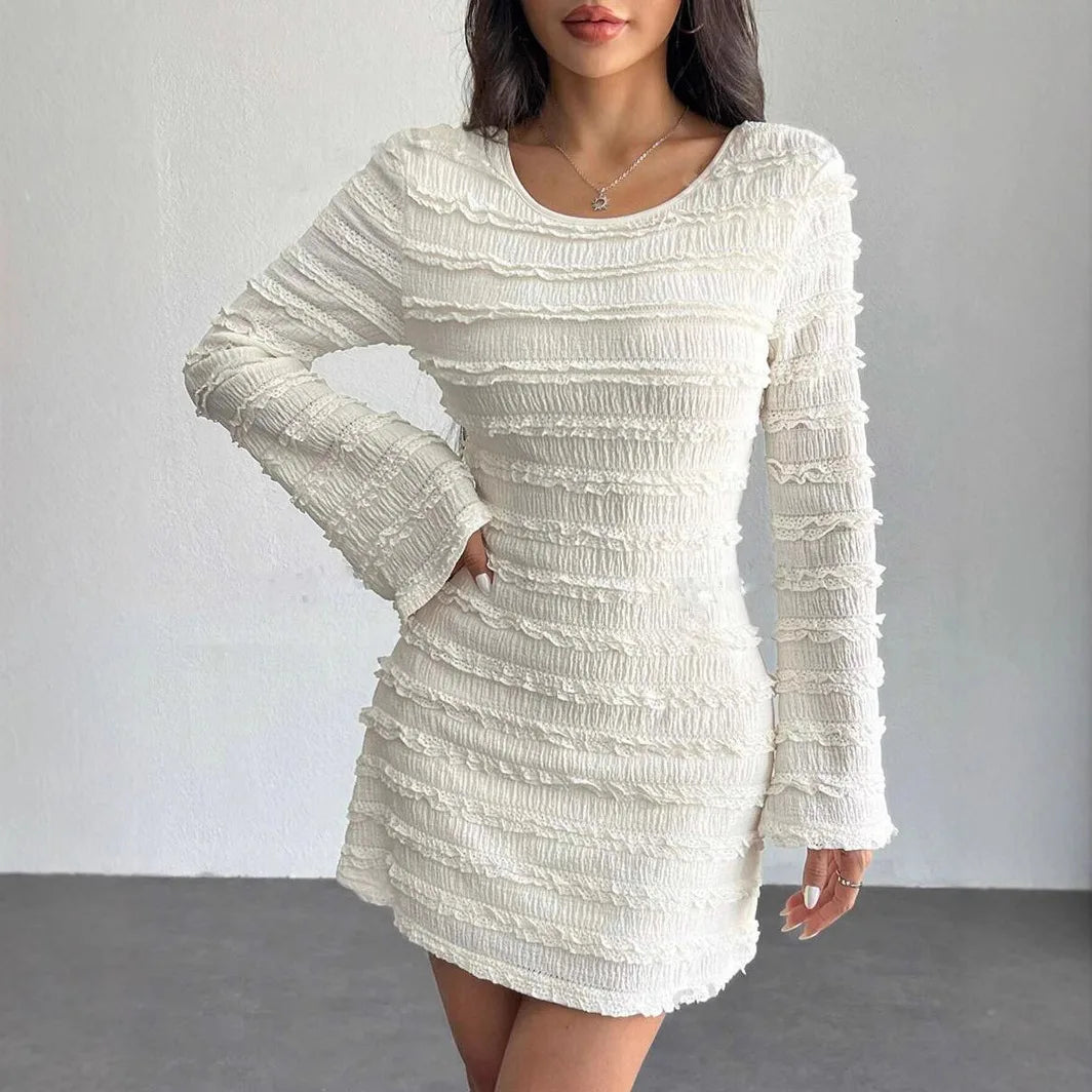 Sexy Bal round Ne ort Dr with Flared Sves High Waist A-Line Skirt Long Sve Commute Sle Spring Autumn Winter