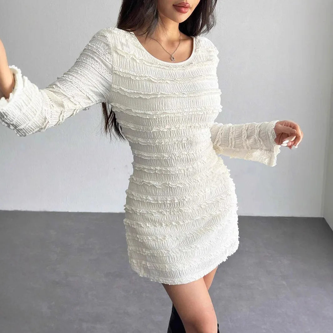 Sexy Bal round Ne ort Dr with Flared Sves High Waist A-Line Skirt Long Sve Commute Sle Spring Autumn Winter