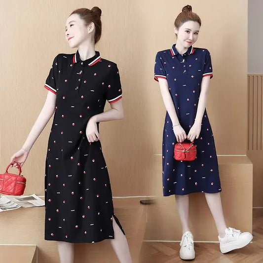 Women's Polo Dress Long Sleeve Lapel Short Skirt Slimming Sporty T-Shirt Korean Style Loose Fit Over Knee Length Dress